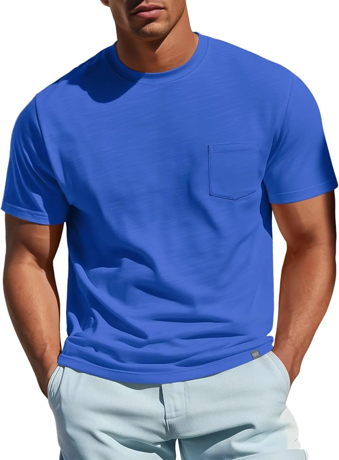 Zengjo Mens Pocket T Shirts Short Sleeve Cotton Slub Jersey Crewneck Plain Casual Soft Basic Tee