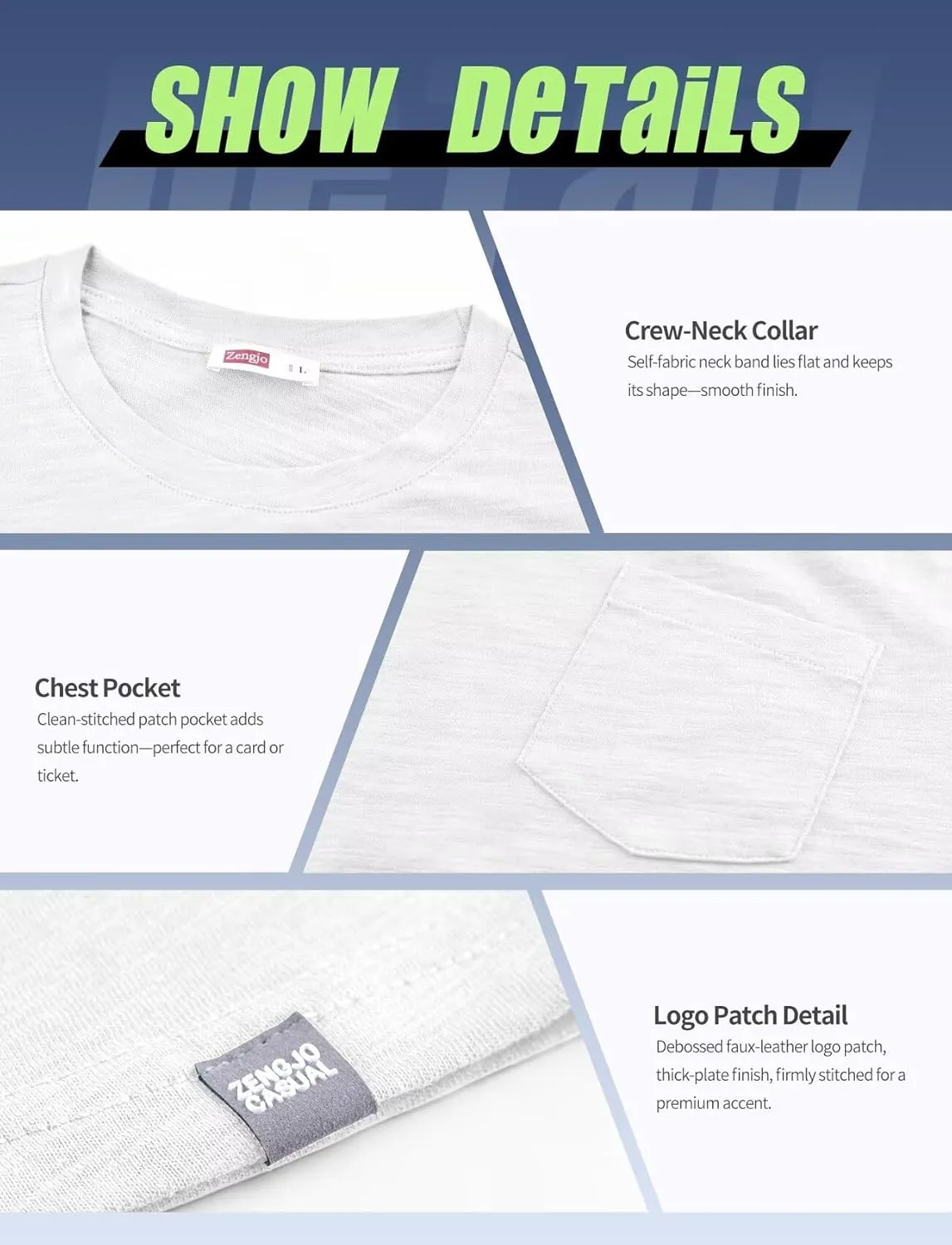 Zengjo Mens Pocket T Shirts Short Sleeve Cotton Slub Jersey Crewneck Plain Casual Soft Basic Tee