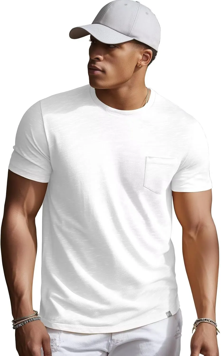 Zengjo Mens Pocket T Shirts Short Sleeve Cotton Slub Jersey Crewneck Plain Casual Soft Basic Tee