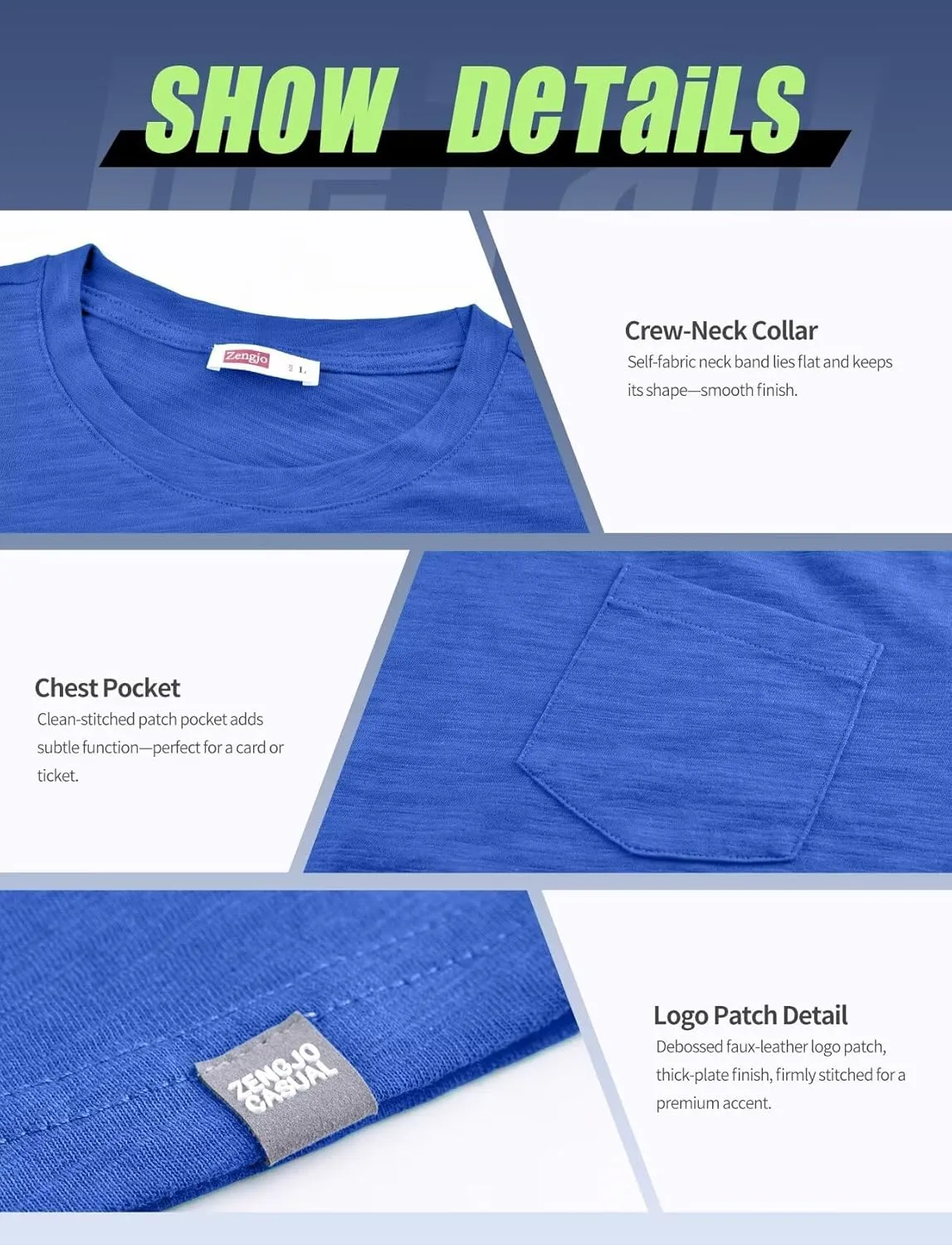 Zengjo Mens Pocket T Shirts Short Sleeve Cotton Slub Jersey Crewneck Plain Casual Soft Basic Tee