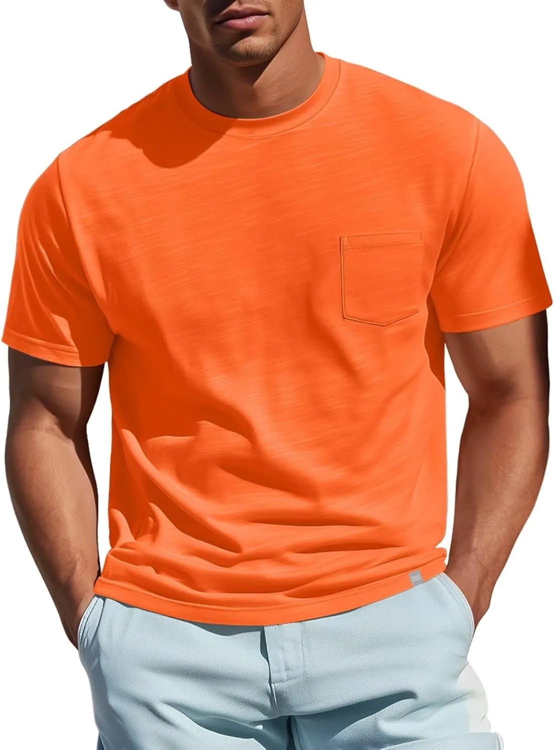 Zengjo Mens Pocket T Shirts Short Sleeve Cotton Slub Jersey Crewneck Plain Casual Soft Basic Tee