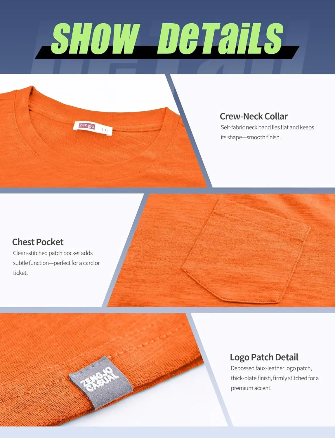 Zengjo Mens Pocket T Shirts Short Sleeve Cotton Slub Jersey Crewneck Plain Casual Soft Basic Tee