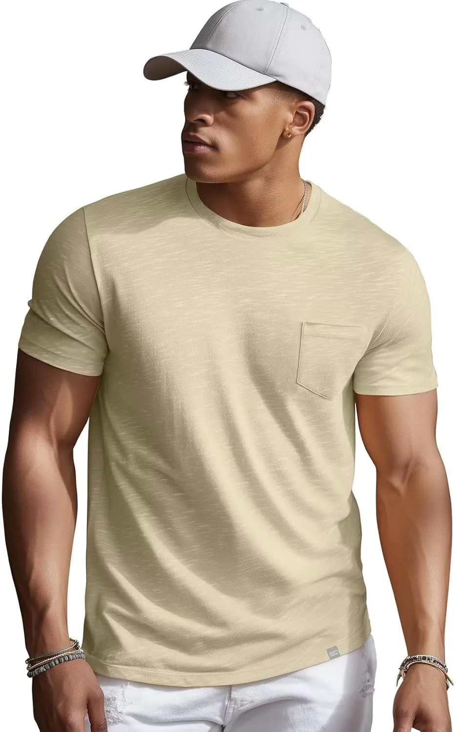 Zengjo Mens Pocket T Shirts Short Sleeve Cotton Slub Jersey Crewneck Plain Casual Soft Basic Tee