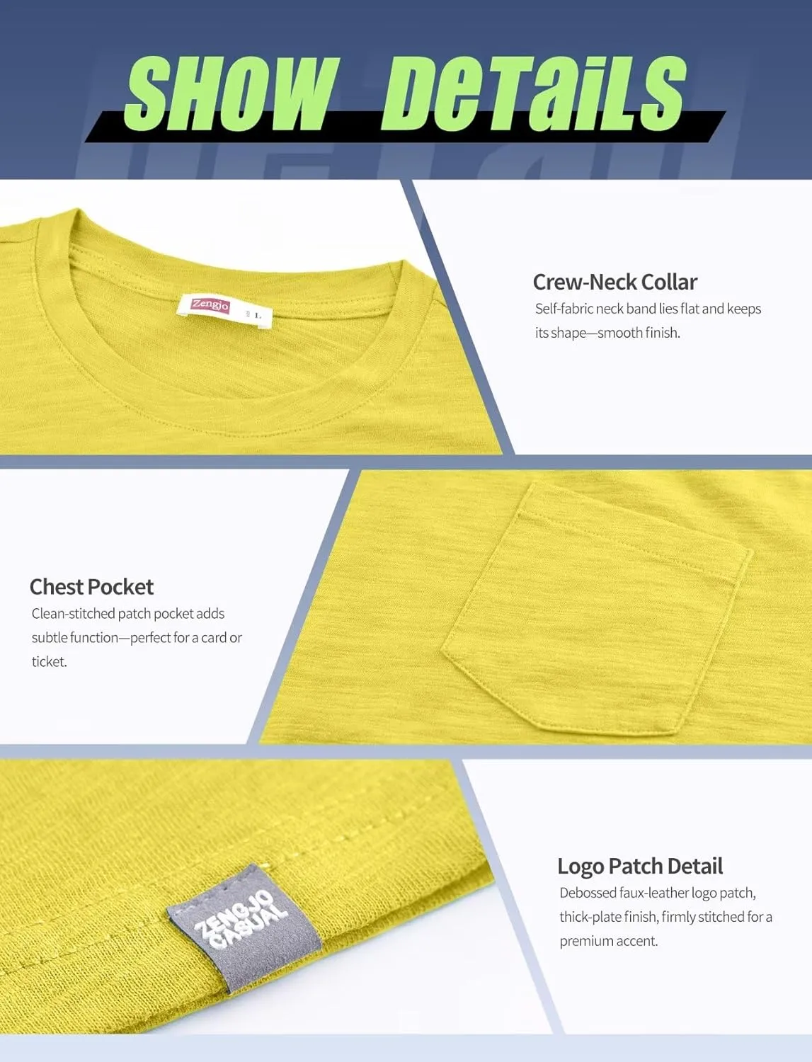 Zengjo Mens Pocket T Shirts Short Sleeve Cotton Slub Jersey Crewneck Plain Casual Soft Basic Tee