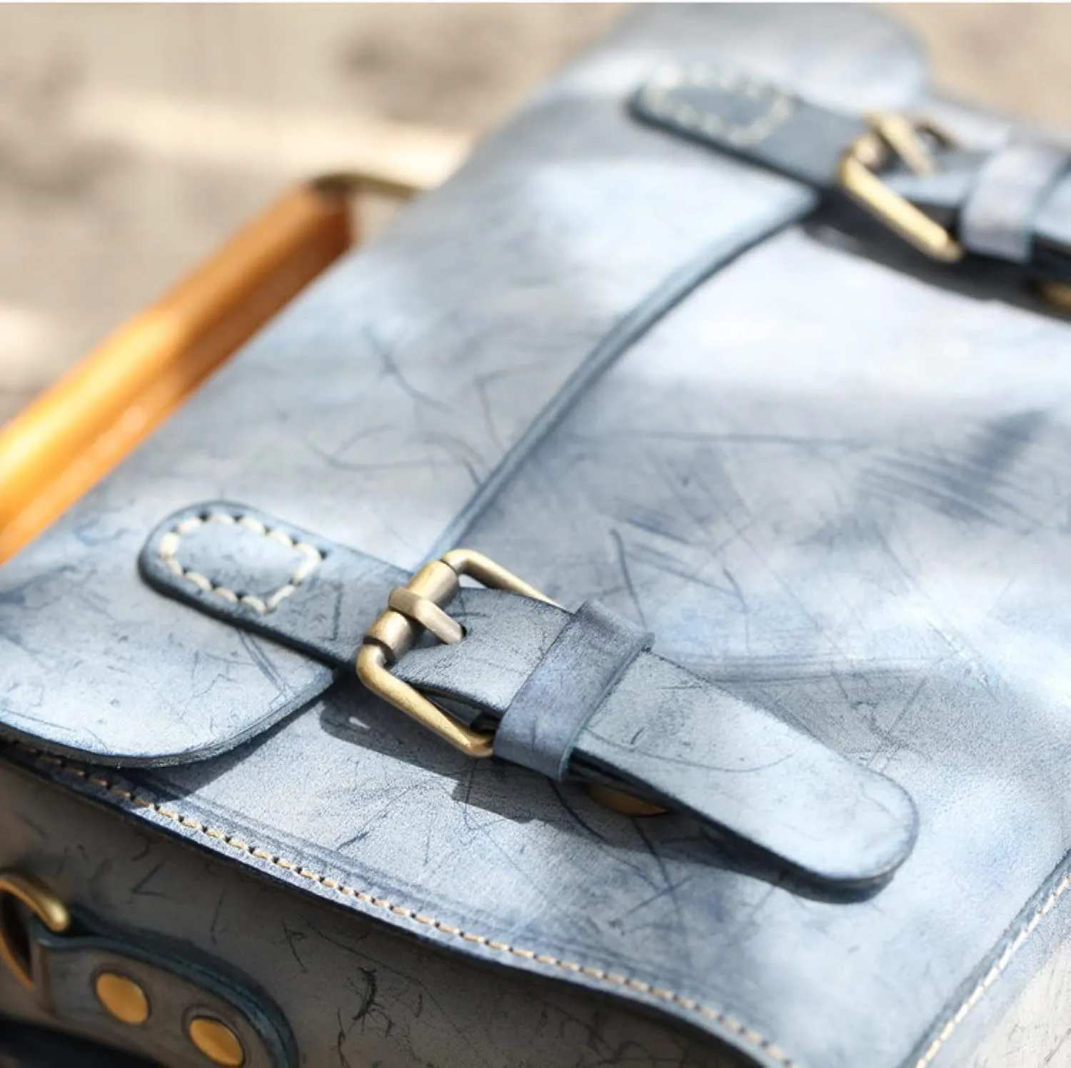 ZengSong Handmade Vegetable Tanned Leather Bag Hand-held Messenger Bag Cowhide Leather Retro Women's Bag(Urban Blue)