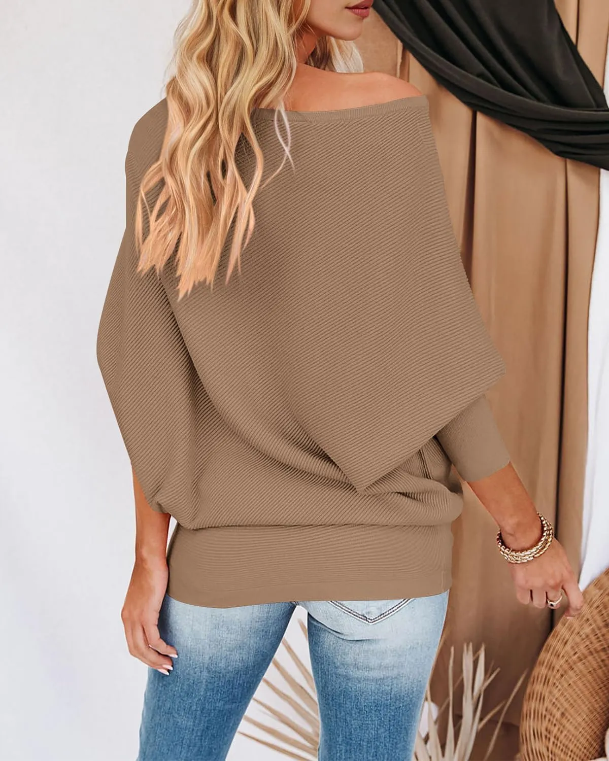 Zenlonr Women's Fall Sweaters 2025 Casual Long Batwing Sleeve Loose Off Shoulder Knit Pullovers Jumper Tops