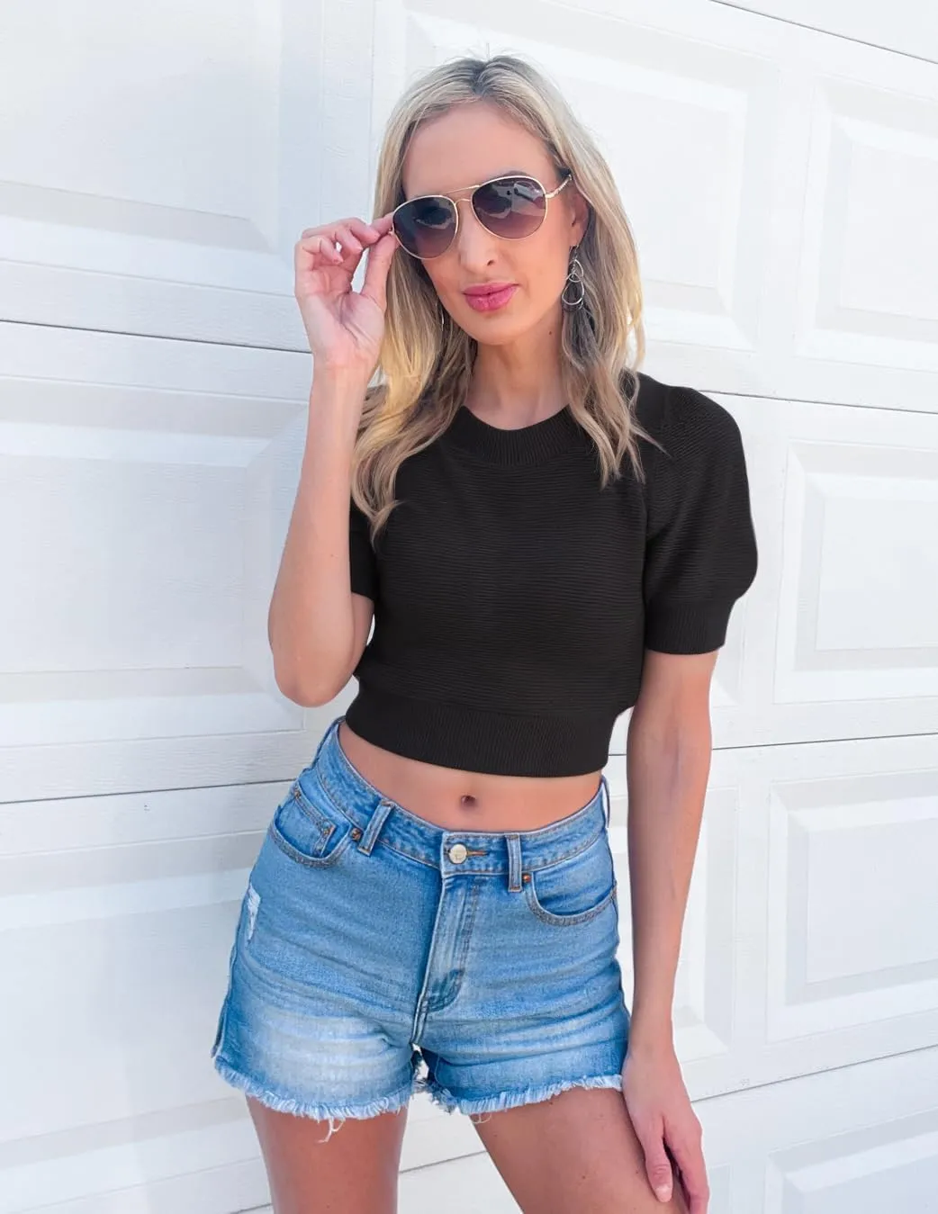 ZESICA Women's Summer Crop Tops Casual Short Sleeve Crew Neck Ribbed Knit Sweaters 2025 Trendy Clothes Outfits