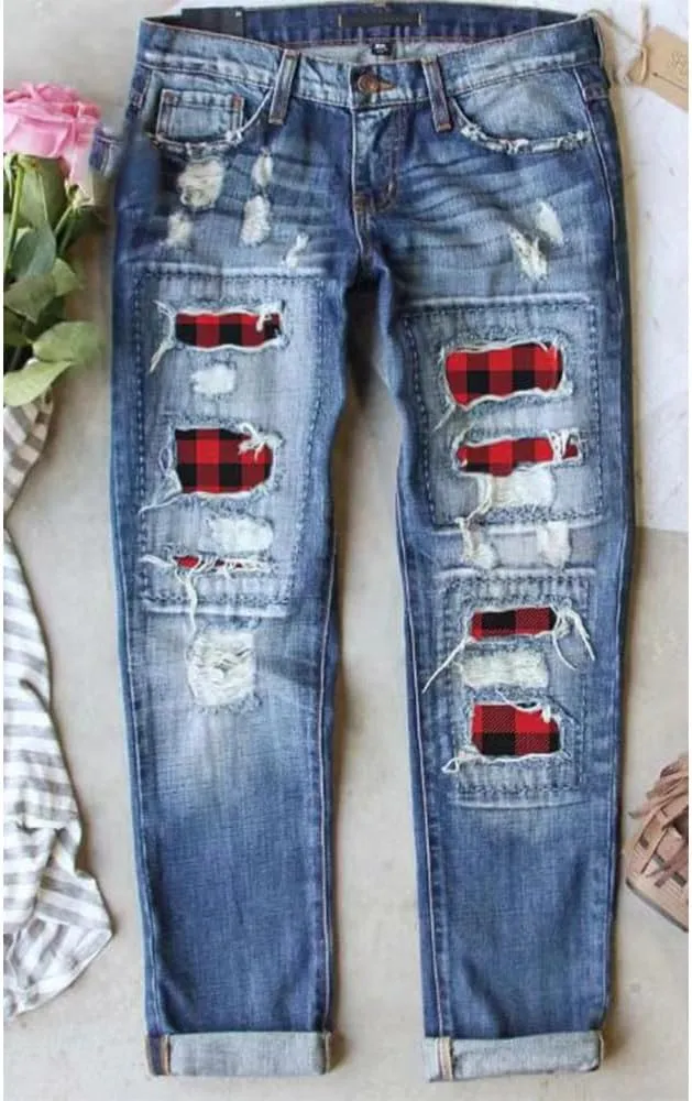 ZOCAVIA Women Trendy Denim Jeans Plaid Patch Ripped Low Pro Distressed Stretch Skinny Cute Boyfriend Pant for Women with Hole