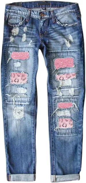 ZOCAVIA Women Trendy Denim Jeans Plaid Patch Ripped Low Pro Distressed Stretch Skinny Cute Boyfriend Pant for Women with Hole
