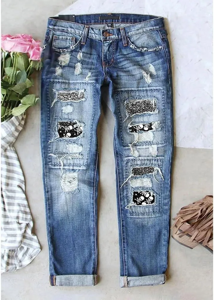 ZOCAVIA Women Trendy Denim Jeans Plaid Patch Ripped Low Pro Distressed Stretch Skinny Cute Boyfriend Pant for Women with Hole