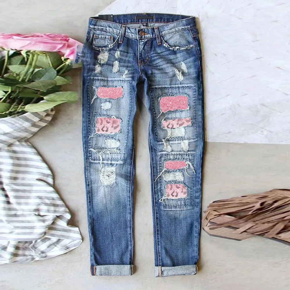 ZOCAVIA Women Trendy Denim Jeans Plaid Patch Ripped Low Pro Distressed Stretch Skinny Cute Boyfriend Pant for Women with Hole