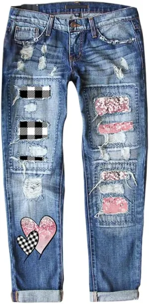 ZOCAVIA Women Trendy Denim Jeans Plaid Patch Ripped Low Pro Distressed Stretch Skinny Cute Boyfriend Pant for Women with Hole