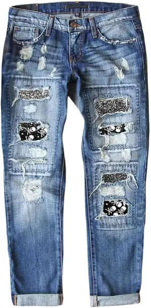ZOCAVIA Women Trendy Denim Jeans Plaid Patch Ripped Low Pro Distressed Stretch Skinny Cute Boyfriend Pant for Women with Hole