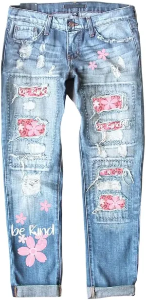 ZOCAVIA Women Trendy Denim Jeans Plaid Patch Ripped Low Pro Distressed Stretch Skinny Cute Boyfriend Pant for Women with Hole