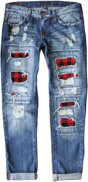 ZOCAVIA Women Trendy Denim Jeans Plaid Patch Ripped Low Pro Distressed Stretch Skinny Cute Boyfriend Pant for Women with Hole