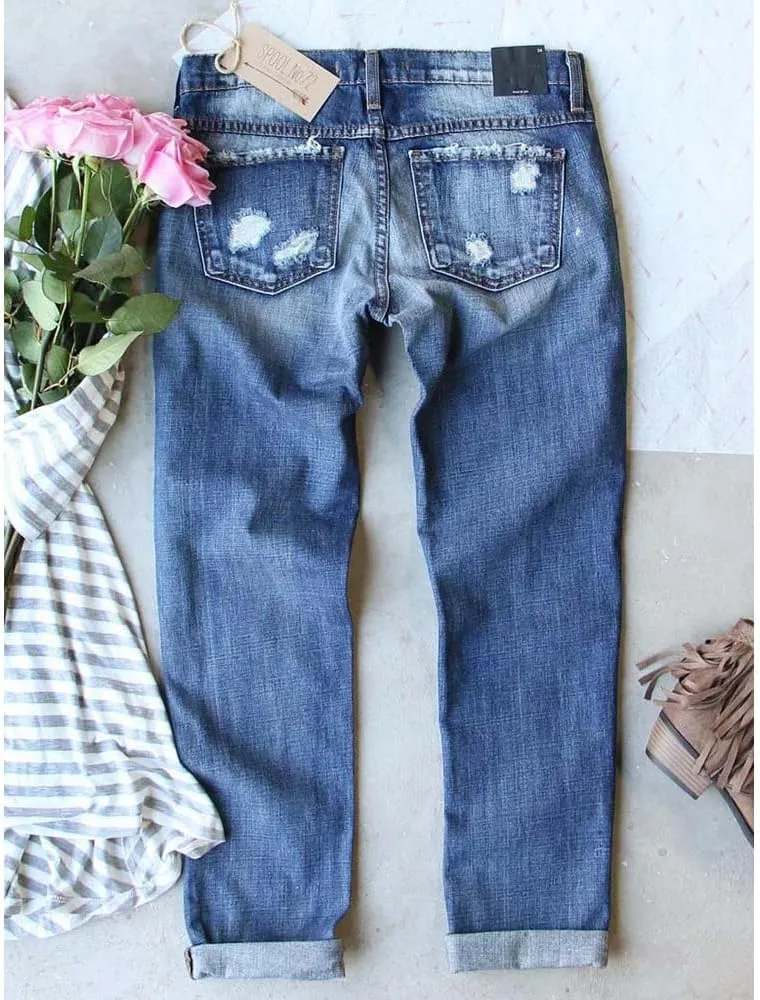 ZOCAVIA Women Trendy Denim Jeans Plaid Patch Ripped Low Pro Distressed Stretch Skinny Cute Boyfriend Pant for Women with Hole