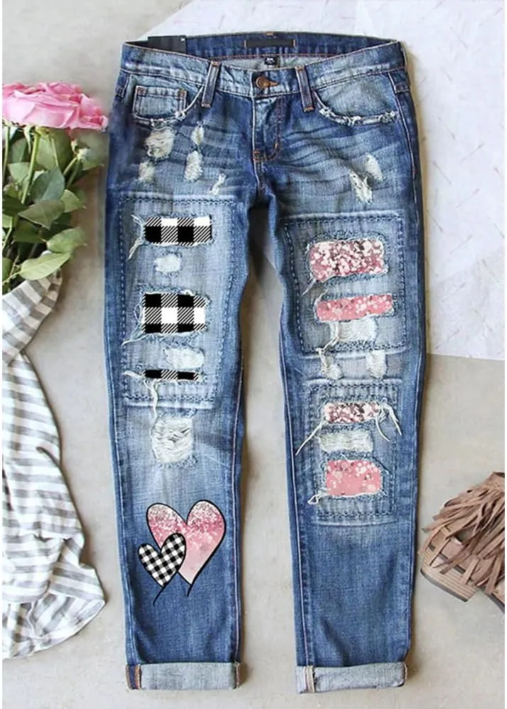 ZOCAVIA Women Trendy Denim Jeans Plaid Patch Ripped Low Pro Distressed Stretch Skinny Cute Boyfriend Pant for Women with Hole
