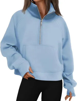 ZWRXW Womens Oversized Half Zip Sweatshirts Long Sleeve Stand Collared Solid Pullover Fall Fashion Fleece Outfits with Pocket