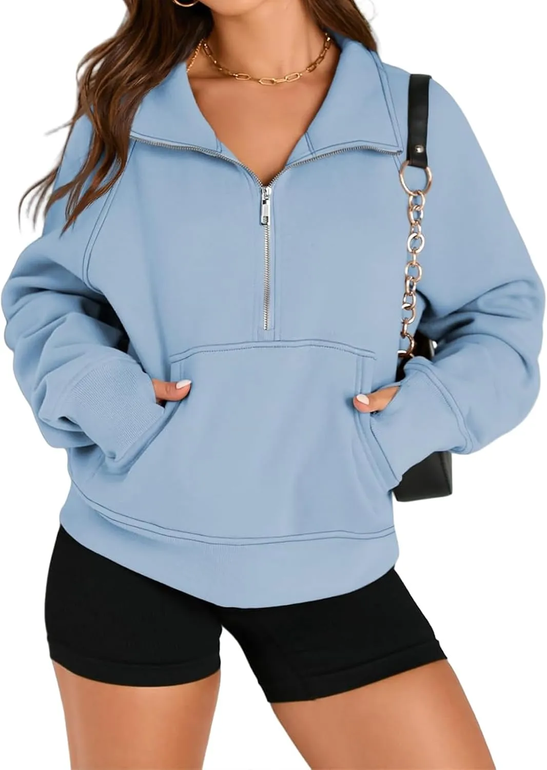 ZWRXW Womens Oversized Half Zip Sweatshirts Long Sleeve Stand Collared Solid Pullover Fall Fashion Fleece Outfits with Pocket